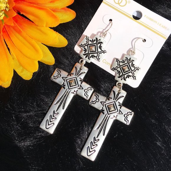 COPY - Long Boho Earrings Etched Double Cross Dangles NWT - Picture 1 of 5